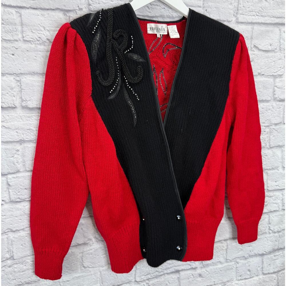 Vintage Eugenia Wrap Front Wool Blend Sweater Size L Red Black Beaded 80s Womens